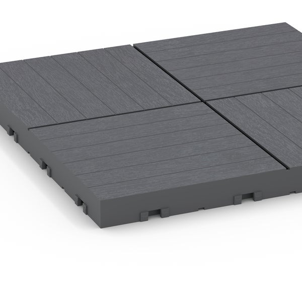 Klickfliese aus WPC in Dunkelgrau mit Holzstruktur für Balkon und Terrasse.