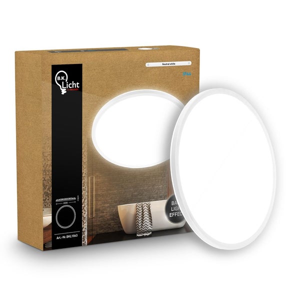 Runde LED-Badezimmerleuchte von B.K. Licht mit Spritzwasserschutz und neutralweißem Licht, neben der Produktverpackung.