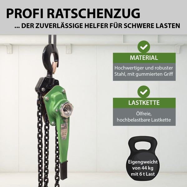 Profi Ratschenzug für schwere Lasten bis 6000 Kilogramm mit robuster Stahlkette und gummiertem Griff.