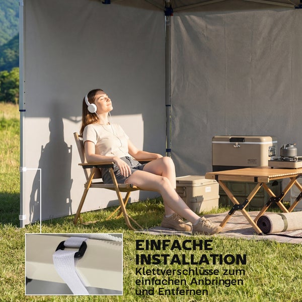 Frau entspannt unter einer Pavillon-Seitenwand. Detailansicht zeigt Klettverschlüsse zur einfachen Befestigung am Gestell.