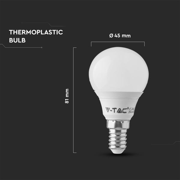 V-TAC LED-Leuchtmittel aus Thermoplast in Tropfenform mit E14-Sockel, Durchmesser 45 Millimeter und Höhe 81 Millimeter.