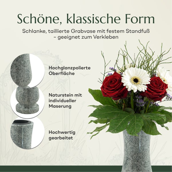 Schlanke Grabvase aus poliertem Naturstein in klassischer Form mit festem Standfuß, geeignet zum Verkleben auf dem Grabmal.