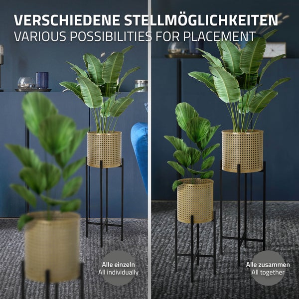 ML-Design Blumenständer 2er Set Schwarz-Gold 17x17x55/19x19x75,5 cm, aus Stahl, Blumentopfständer mit Übertopf, Metall Pflanzenständer, Blumentopfhalter 2-tlg, Pflanztopf Deko Blumensäule Blumenhocker