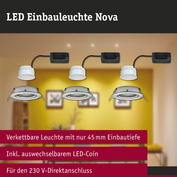 LED Einbauleuchte Nova mit auswechselbarem LED-Coin, 45 Millimeter Einbautiefe und 230 Volt Direktanschluss.