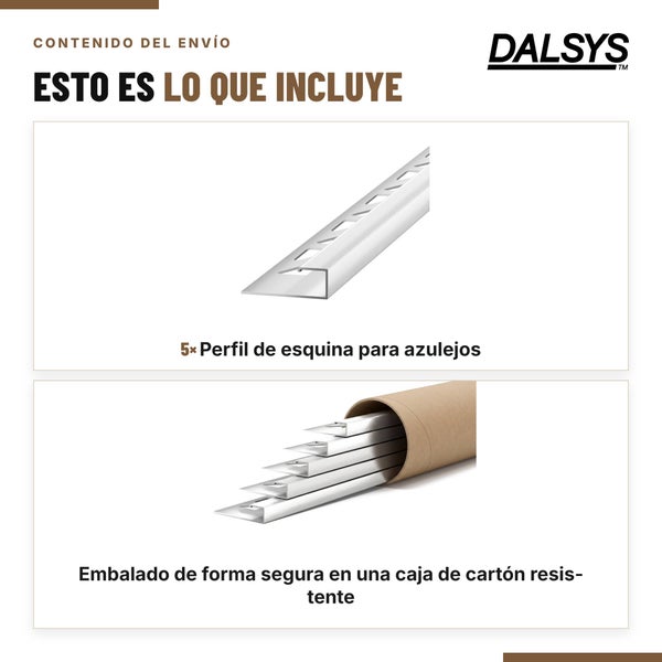 Fünf Dalsys Fliesen Eckprofile aus Metall verpackt in einer stabilen Kartonhülse für den sicheren Transport.