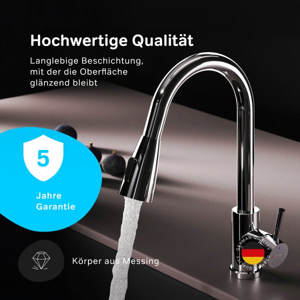 Küchenarmatur aus Messing mit fünf Jahren Garantie und deutschem Qualitätssiegel