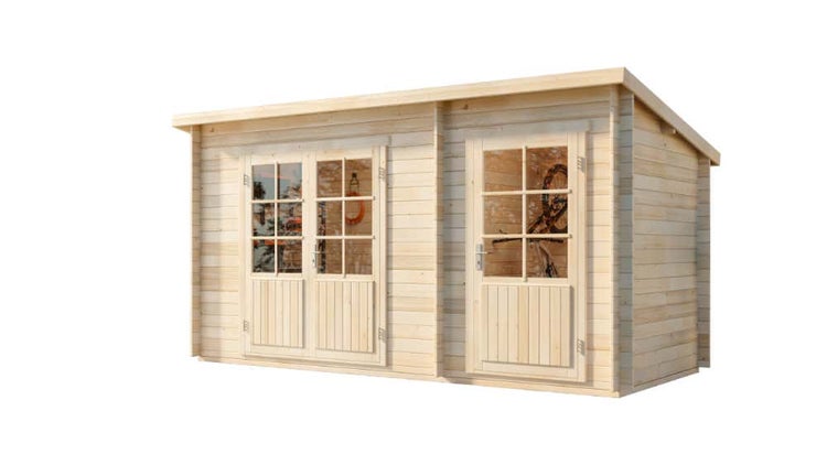 Alpholz Pultdach Gartenhaus Martina mit Anbau aus Massiv-holz, Gerätehaus mit 28 mm Wandstärke, Garten Holzhaus mit Imprägnierung (pinie), Geräteschuppen Größe: 450 x 200 cm, Pultdach