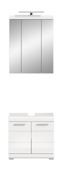Badmöbel-Set bestehend aus einem dreitürigen Spiegelschrank mit Beleuchtung und einem weißen Waschtischunterschrank mit zwei Türen.