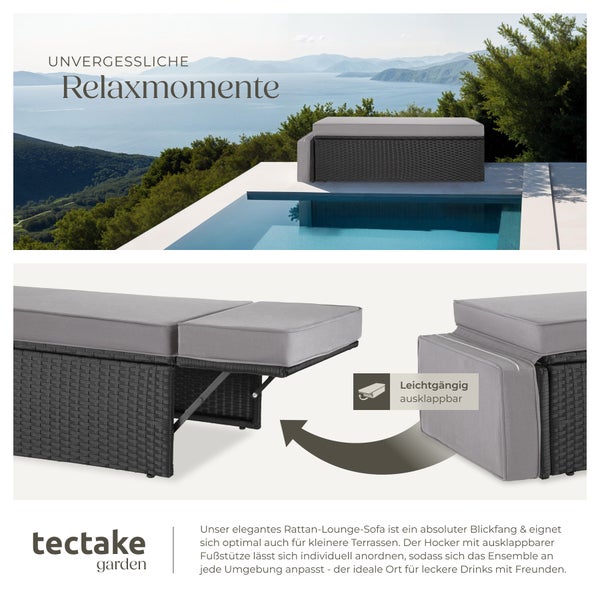Rattan Lounge tectake Korfu Hocker mit klappbarer Stütze 2-Sitzer schwarz/grau