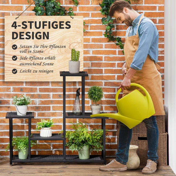 Outsunny Pflanzenregal, Pflanzentreppe mit 4 Stufen, mehrstöckiges Blumenregal, Pflanzenständer für Garten, Balkon, Metall, Schwarz, 91 x 25 x 83 cm