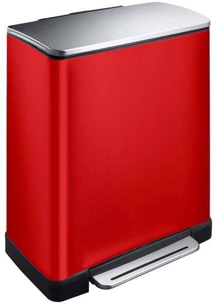 PROREGAL Stilvoller Rechteckiger Treteimer Mit Extra Breitem Pedal 46 Liter HxBxT 65 x 50 x 34,5 cm 2 Inneneimer Aus Kunststoff Rot Deckel Edelstahl