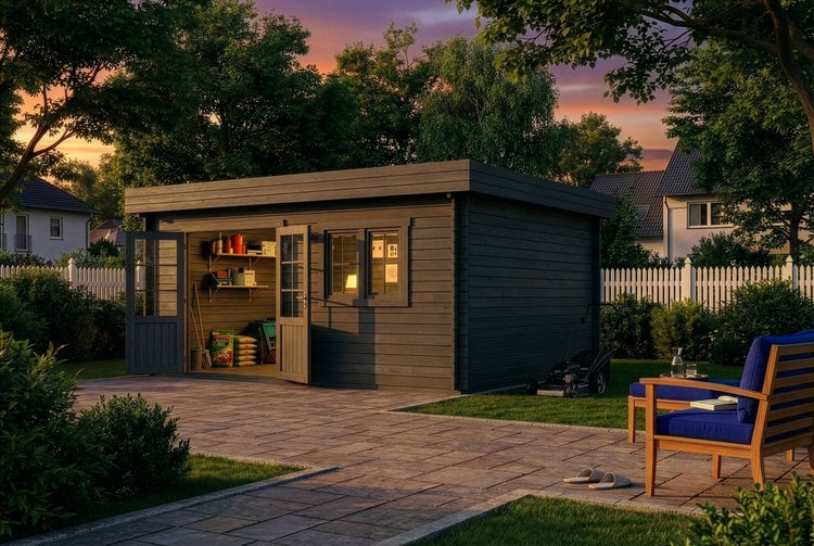 Modernes graues Gartenhaus aus Holz mit Flachdach und Doppeltür auf einer gepflasterten Fläche in einem Garten mit Rasen und Bäumen bei Dämmerung.
