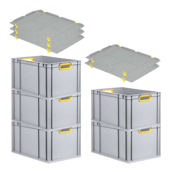 PROREGAL Spar Set 5x Eurobox Nextgen Color Mit Auflagedeckel & Schiebeschnappverschlüsse HxBxT 32 x 40 x 60 cm Griffe Gelb Offen Verstärkter Boden