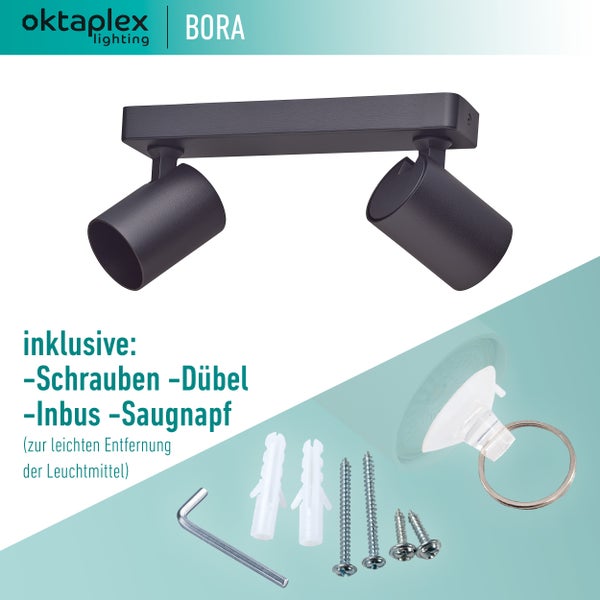 Oktaplex Bora Leuchte mit zwei Strahlern, inklusive Schrauben, Dübel, Inbus und Saugnapf
