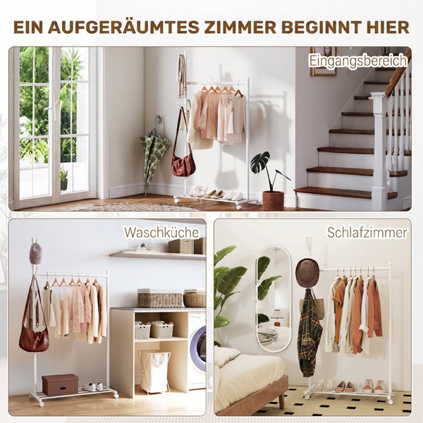 Einrichtungsideen mit einem mobilen Kleiderständer im Eingangsbereich, der Waschküche und im Schlafzimmer für eine organisierte Aufbewahrung.