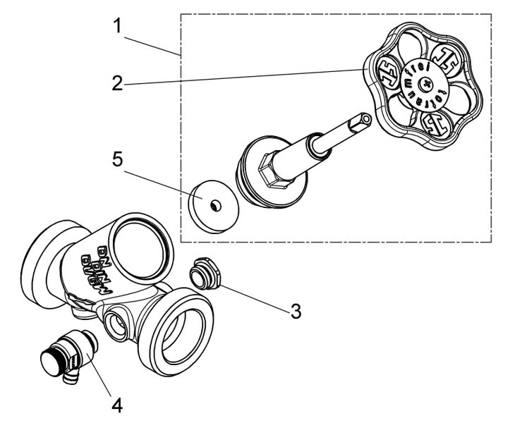 Explosionszeichnung eines Schrägsitzventils mit Handrad, Ventiloberteil, Dichtung und Entleerungsventil.