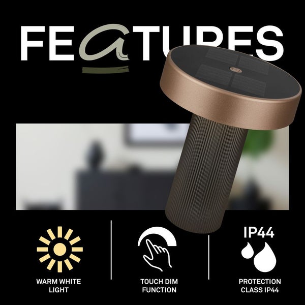Solar-LED-Tischleuchte mit warmweißem Licht, Touch-Dimmfunktion und Schutzklasse IP 44.