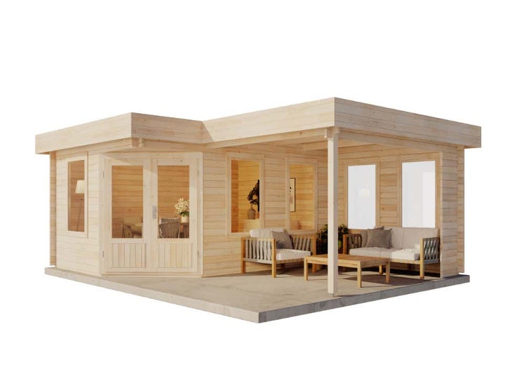 Alpholz 5-Eck Gartenhaus Leelo-40 mit Anbau Gartenhaus aus Holz, Holzhaus mit 40 mm Wandstärke inklusive Schleppdach Blockbohlenhaus, Naturbelassen