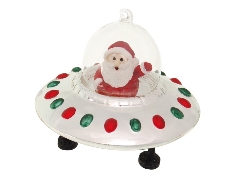 Multicolor 12cm Santa im UFO, Glasornament, mundgeblasen und handdekoriert, 1 Stck., Weihnachtsbaumkugeln, Christbaumschmuck, Weihnachtsbaumanhänger