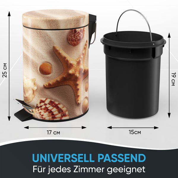 Tretmülleimer mit Strandmotiv und Inneneimer. Maße Eimer: 25 mal 17 Zentimeter. Maße Inneneimer: 19 mal 15 Zentimeter.