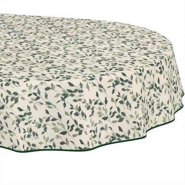 Ovale Tischdecke mit grünem Blattmuster und dunkelgrüner Umrandung.