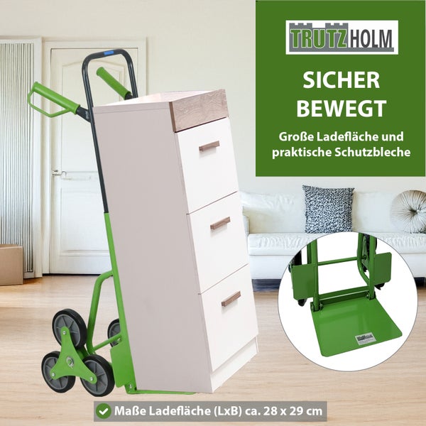 Treppensteiger Sackkarre Trutzholm mit drei Rad Sternen transportiert eine Kommode und zeigt die Ladefläche im Detail.