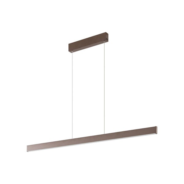 Moderne LED-Pendelleuchte in Balkenform mit rechteckiger Deckenhalterung.