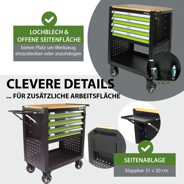 Werkstattwagen mit Lochblechseiten und ausklappbarer Seitenablage