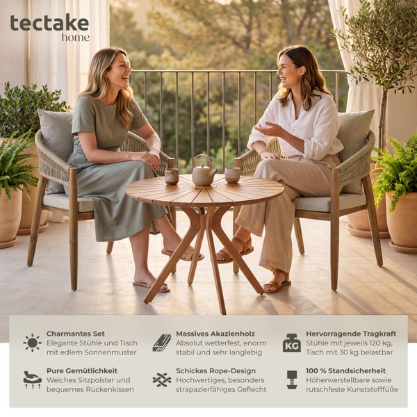 Wetterfestes Gartenmöbel-Set aus Akazienholz mit rundem Tisch und zwei Stühlen im Rope-Design auf einer hellen Terrasse. tectake home Logo.