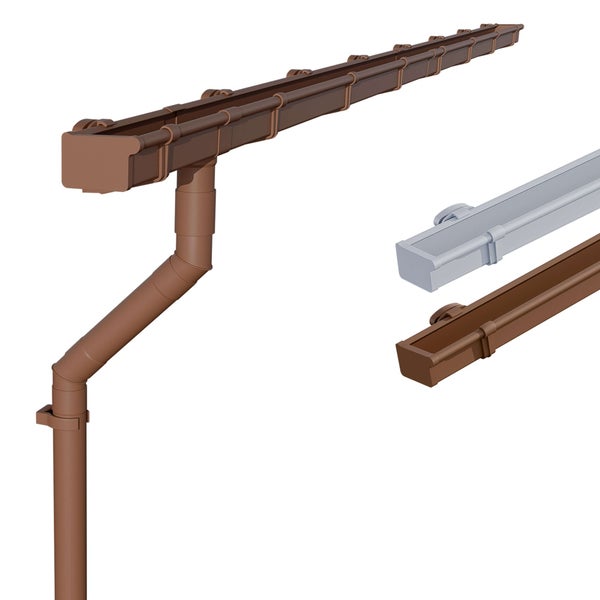 Dachrinnensystem aus Kunststoff in verschiedenen Farben mit Dachrinne, Fallrohr, Bogen, Endstück und Rohrschelle.