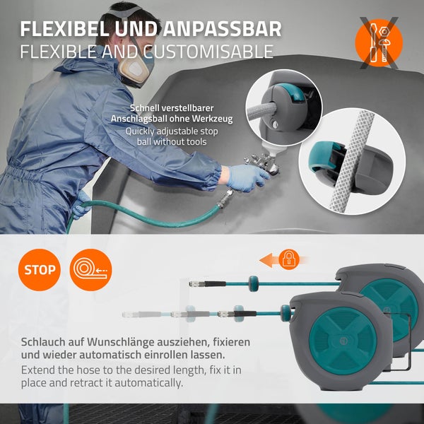 Druckluftschlauchaufroller mit werkzeuglos verstellbarem Anschlagball und automatischer Schlauchaufwicklung zur flexiblen Nutzung.