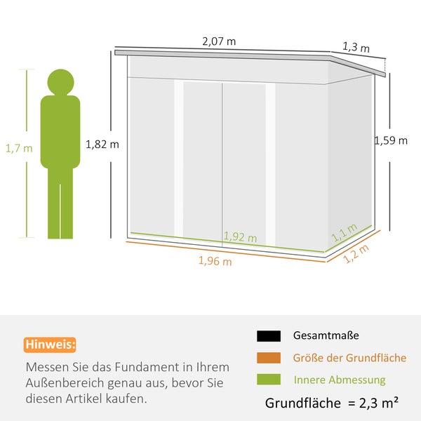 Dimensionszeichnung eines Gartenhauses mit Angabe der Gesamtabmessungen, der Grundfläche und der Innenabmessungen.