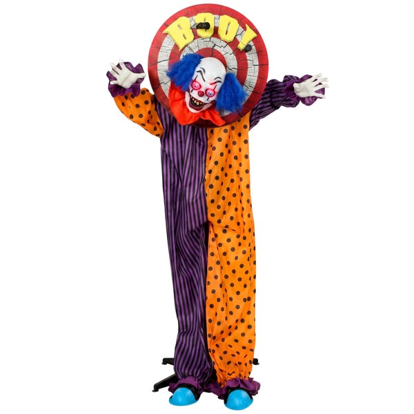 Animierte Halloween Deko Gruselclown mit Zielscheibe Boo Aufschrift und leuchtenden Augen