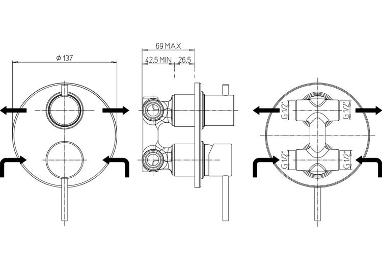 Technische Zeichnung einer Wasserarmatur mit Maßangaben