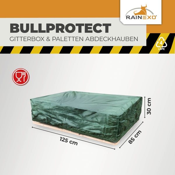 Rainexo Logo. Bullprotect Abdeckhaube für Gitterboxen und Paletten. 125 Zentimeter mal 85 Zentimeter mal 30 Zentimeter. Lebensmittelecht. LDPE.