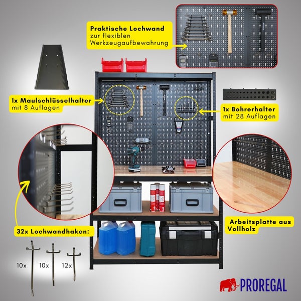 Werkbank mit Lochwand, Arbeitsplatte aus Vollholz, Maulschlüsselhalter, Bohrerhalter und 32 Lochwandhaken zur Werkzeugaufbewahrung. PROREGAL Logo.
