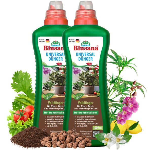 Blusana Premium Universal Flüssigdünger XXL 2 Liter  NPK Dünger 6-3-6 für Zierpflanzen Obst- und Gemüse Hydrokultur Hydroponik Erde Vorteilspaket 2 x 1 Liter Flasche