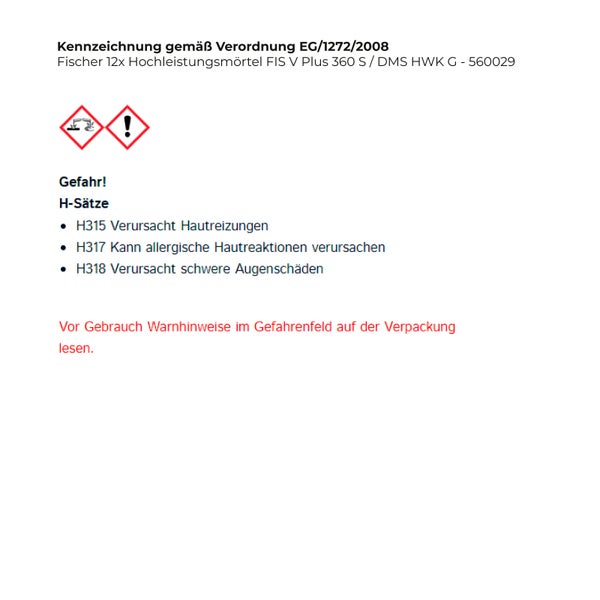 Fischer 12x Hochleistungsmörtel FIS V Plus 360 S / DMS HWK G - 560029