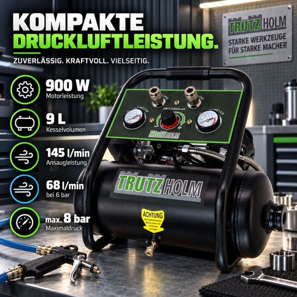Trutzholm Kompressor mit 9 Liter Kessel, 900 Watt Leistung, 145 Liter pro Minute Ansaugleistung und 8 bar Maximaldruck.