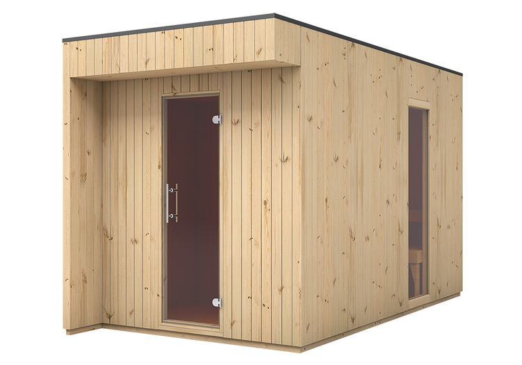 Moderne Gartensauna aus hellem Holz mit Flachdach, Glastür und Seitenfenster.