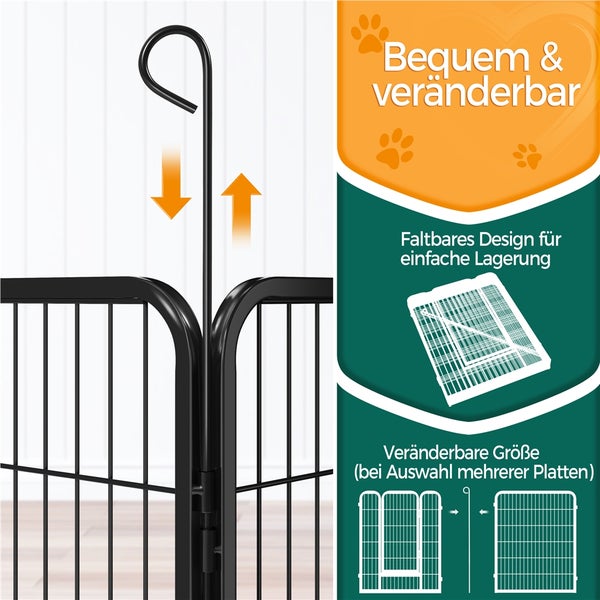 Detailansicht eines schwarzen, faltbaren Hundezauns mit Hinweisen zur einfachen Lagerung und variablen Größe