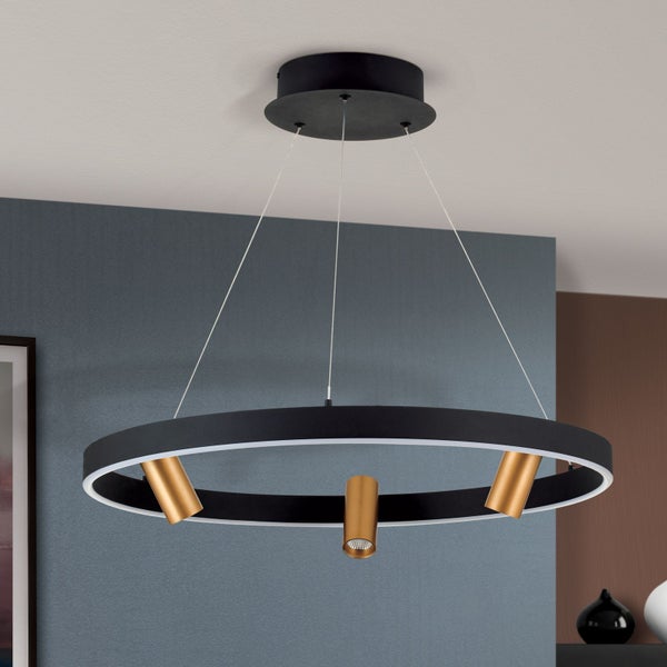 Moderne runde LED Pendelleuchte mit drei verstellbaren Strahlern in Metallgehäuse für die Innenbeleuchtung.