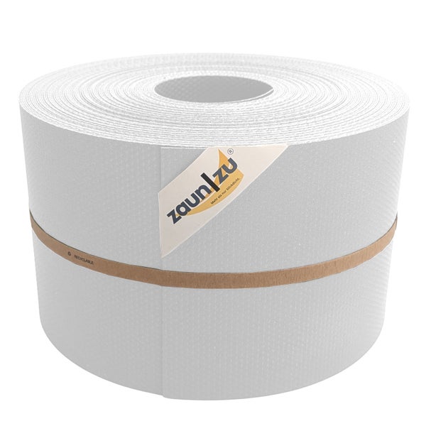 Eine Rolle Zaunblende aus Kunststoff für Doppelstabmattenzäune mit dem Zaun zu Logo und dem Hinweis auf Recyclingfähigkeit.