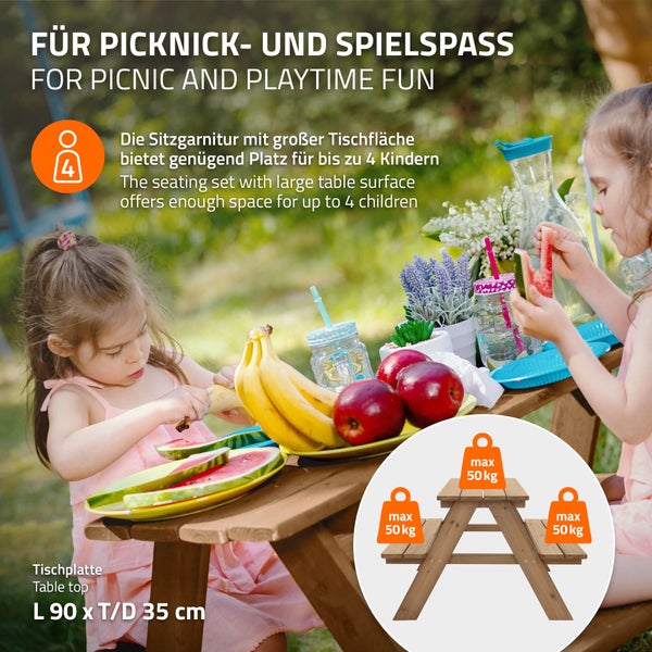 ML-Design Kindersitzgarnitur für Draußen, Braun, Sitzgruppe Outdoor 2 Bänke mit Tisch, Garten Kindersitzgruppe mit 4 Plätzen, Sitzgarnitur für Kinder Massivholz, Picknicktisch Kinder, Spielsitzgruppe