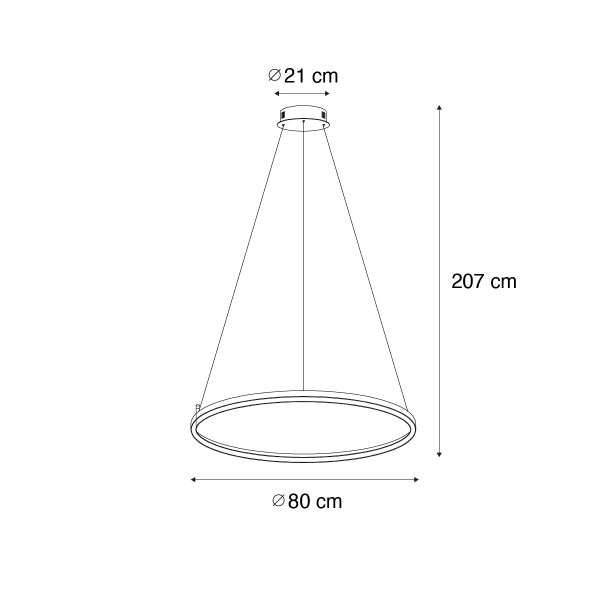Technische Zeichnung einer Pendelleuchte mit einem Durchmesser von 80 cm, einer Höhe von 207 cm und einem Baldachin mit einem Durchmesser von 21 cm.