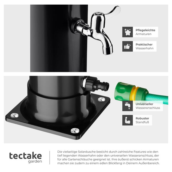 Pflegeleichte Armaturen, praktischer Wasserhahn, universeller Wasseranschluss und robuster Standfuß einer Solardusche. tectake garden Logo.