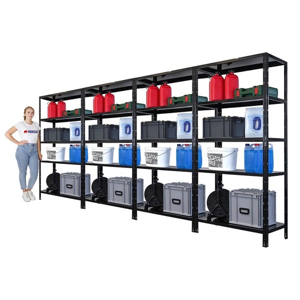 Schwarzes Schwerlastregal mit fünf Ebenen und diversen Behältern