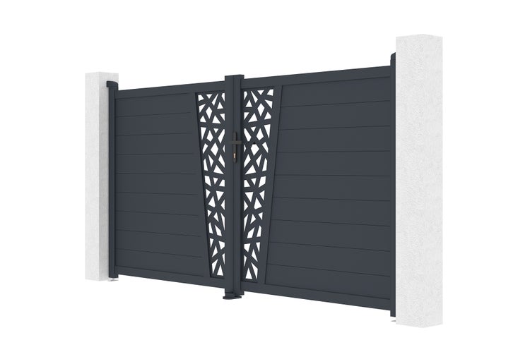 Zweiflügeliges Einfahrtstor aus Aluminium in Anthrazit mit horizontalen Lamellen und dekorativem Gittereinsatz zwischen zwei weißen Pfosten.
