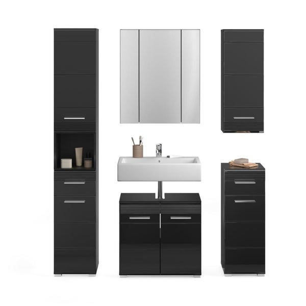 Modernes Badezimmermöbel-Set bestehend aus Waschbeckenunterschrank, weißem Waschbecken, Spiegelschrank, Hochschrank und Beistellschränken in Schwarz.