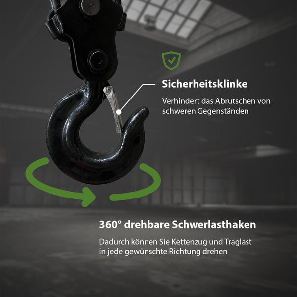 Schwerlasthaken mit Sicherheitsklinke und 360 Grad Drehfunktion für Kettenzüge.